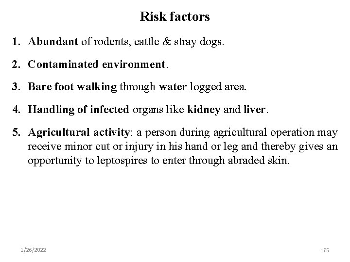 Risk factors 1. Abundant of rodents, cattle & stray dogs. 2. Contaminated environment. 3.