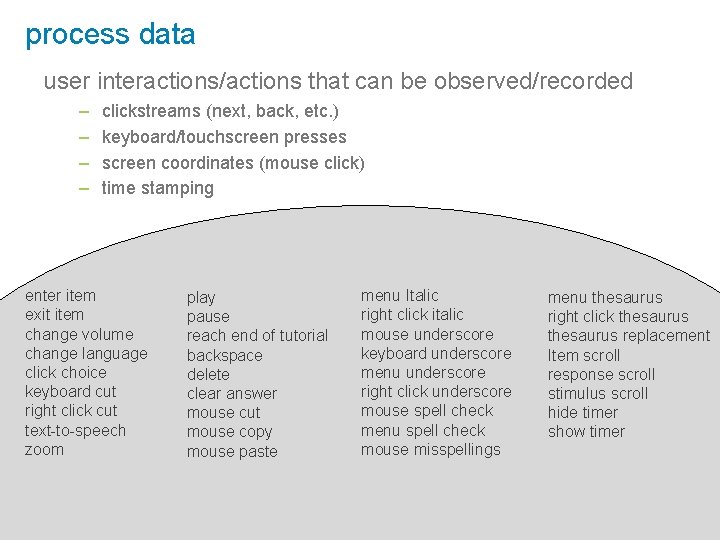 process data user interactions/actions that can be observed/recorded – – clickstreams (next, back, etc.