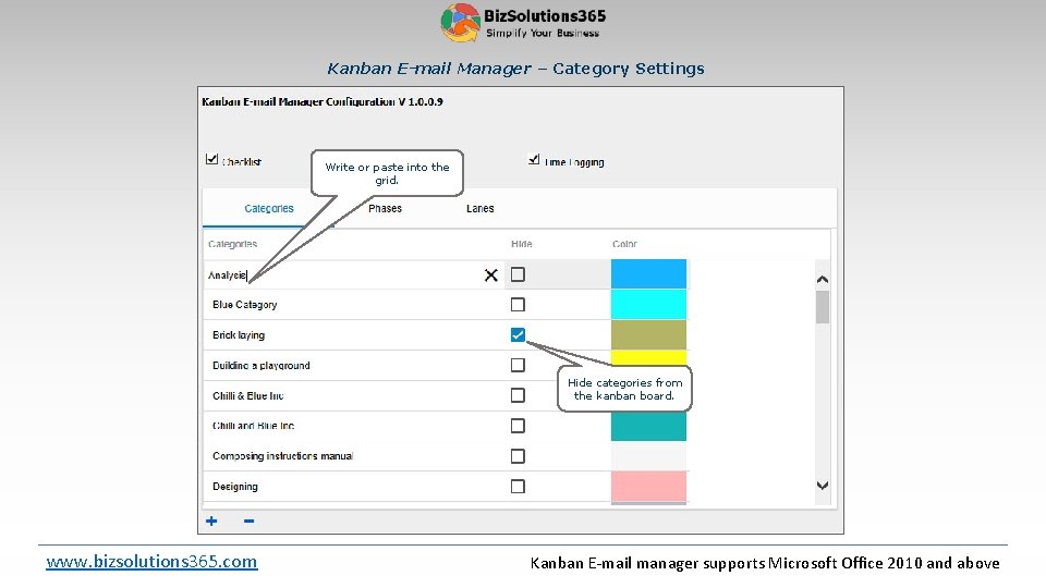 Kanban E-mail Manager – Category Settings Write or paste into the grid. Hide categories