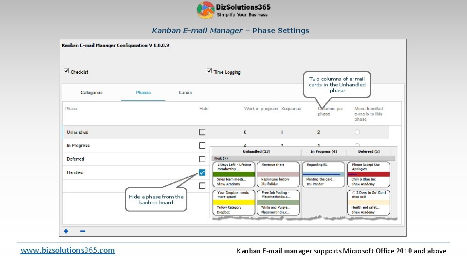 Kanban E-mail Manager – Phase Settings Two columns of e-mail cards in the Unhandled