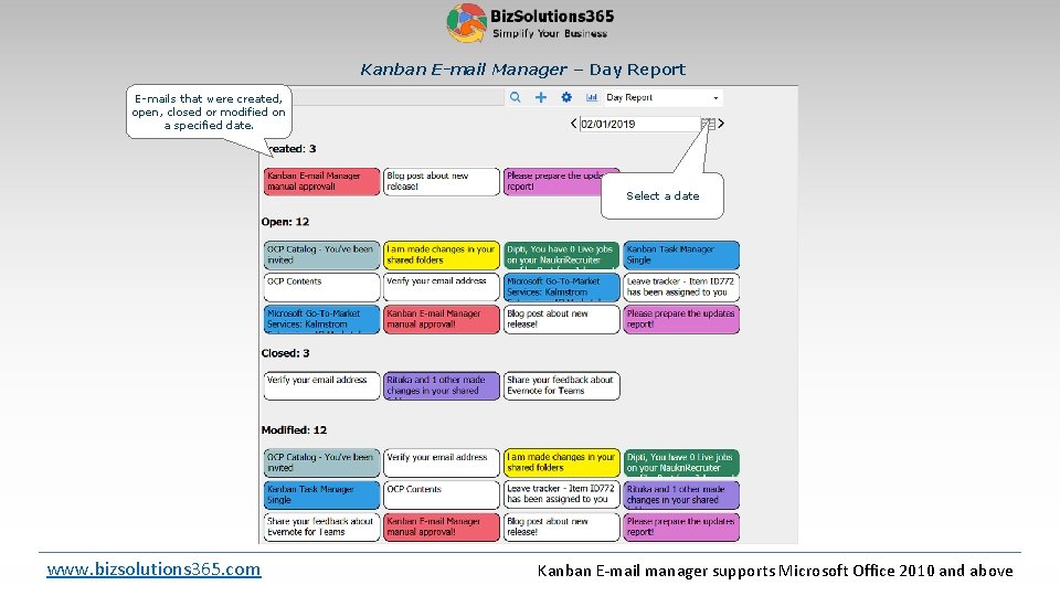 Kanban E-mail Manager – Day Report E-mails that were created, open, closed or modified