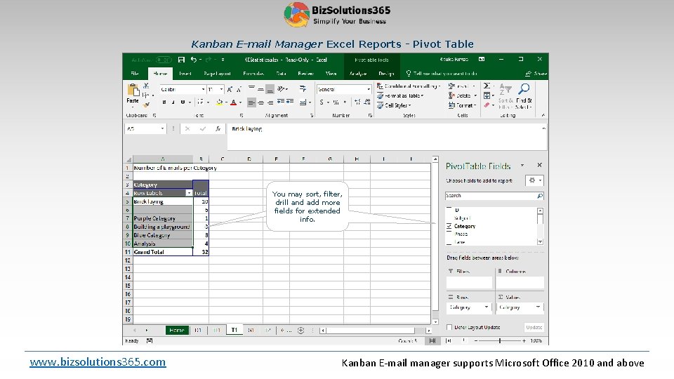 Kanban E-mail Manager Excel Reports - Pivot Table You may sort, filter, drill and