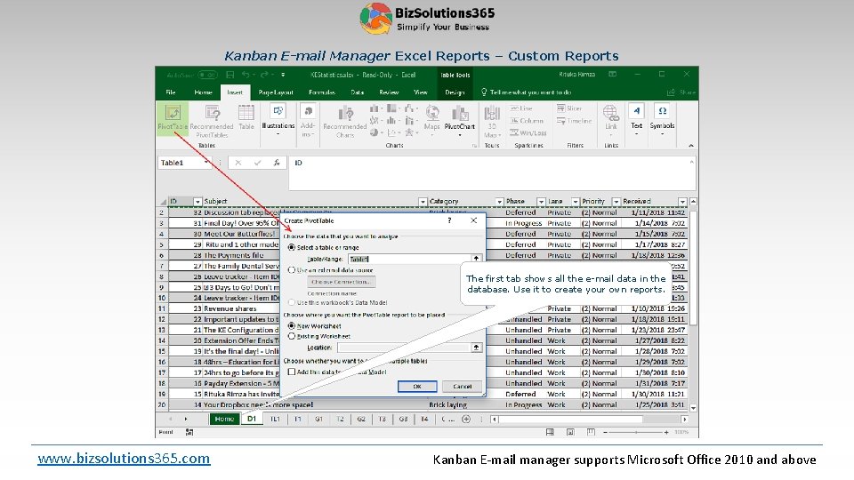 Kanban E-mail Manager Excel Reports ‒ Custom Reports The first tab shows all the
