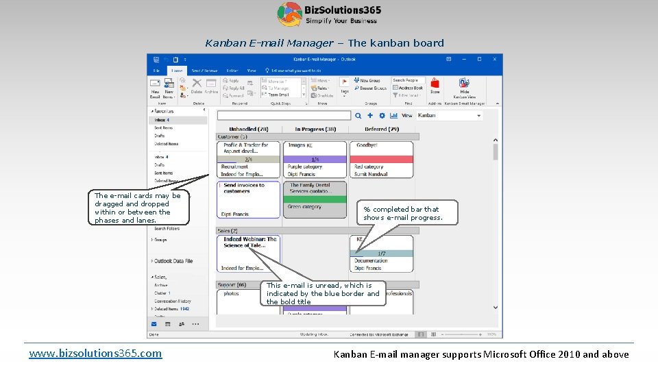 Kanban E-mail Manager – The kanban board The e-mail cards may be dragged and