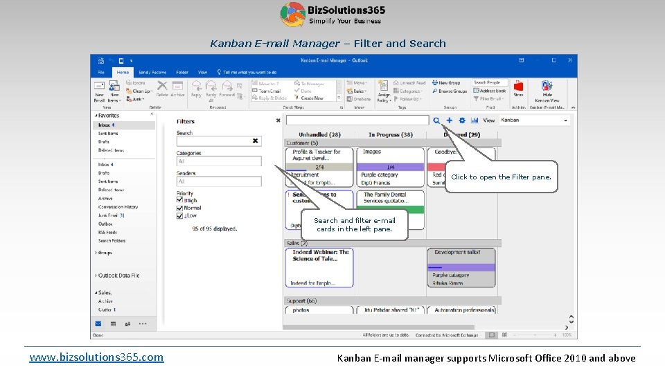 Kanban E-mail Manager – Filter and Search Click to open the Filter pane. Search