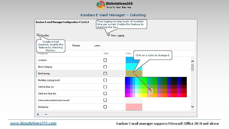 Kanban E-mail Manager – Coloring Time logging to keep track of invested time per