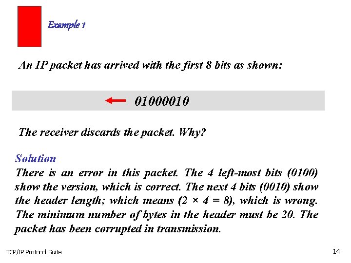 Example 1 An IP packet has arrived with the first 8 bits as shown: