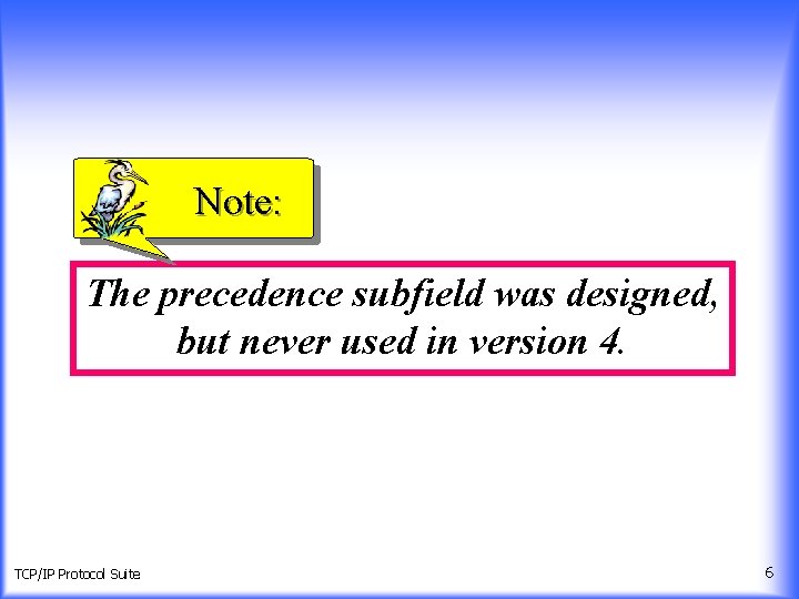 Note: The precedence subfield was designed, but never used in version 4. TCP/IP Protocol