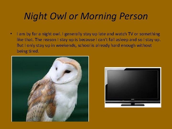 Night Owl or Morning Person • I am by far a night owl. I