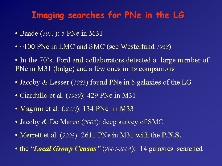 Imaging searches for PNe in the LG • Baade (1955): 5 PNe in M