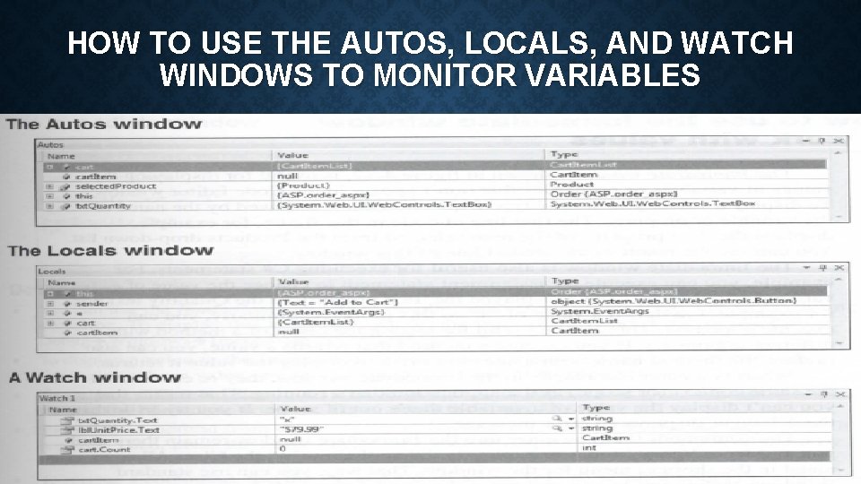 HOW TO USE THE AUTOS, LOCALS, AND WATCH WINDOWS TO MONITOR VARIABLES 