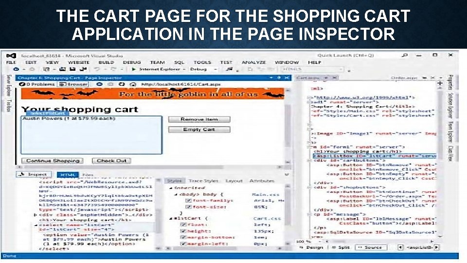 THE CART PAGE FOR THE SHOPPING CART APPLICATION IN THE PAGE INSPECTOR 