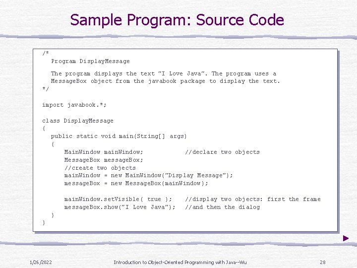 Sample Program: Source Code /* Program Display. Message The program displays the text "I Sample Program: Source Code /* Program Display. Message The program displays the text "I