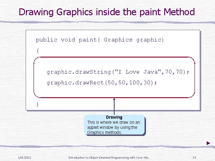 Drawing Graphics inside the paint Method public void paint( Graphics graphic) { graphic. draw. Drawing Graphics inside the paint Method public void paint( Graphics graphic) { graphic. draw.
