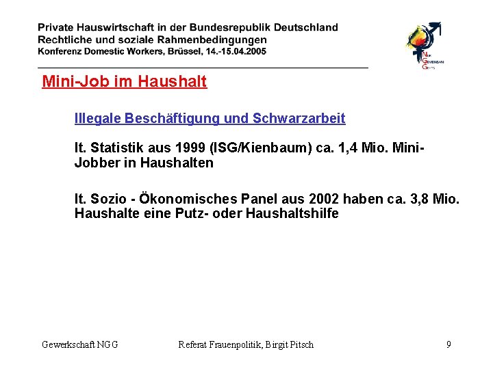 Mini-Job im Haushalt Illegale Beschäftigung und Schwarzarbeit lt. Statistik aus 1999 (ISG/Kienbaum) ca. 1,