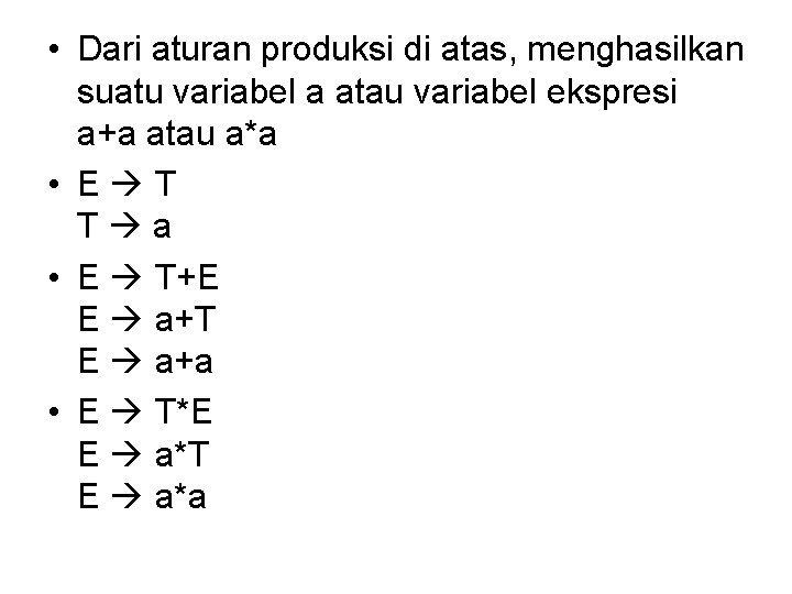  • Dari aturan produksi di atas, menghasilkan suatu variabel a atau variabel ekspresi