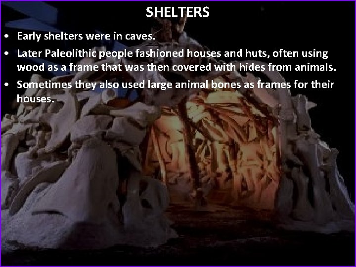 SHELTERS • Early shelters were in caves. • Later Paleolithic people fashioned houses and
