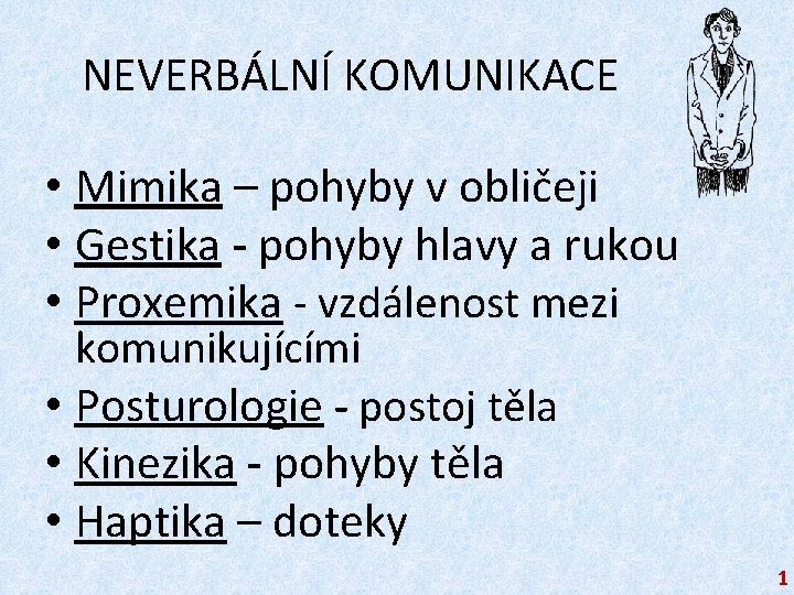 NEVERBÁLNÍ KOMUNIKACE • Mimika – pohyby v obličeji • Gestika - pohyby hlavy a