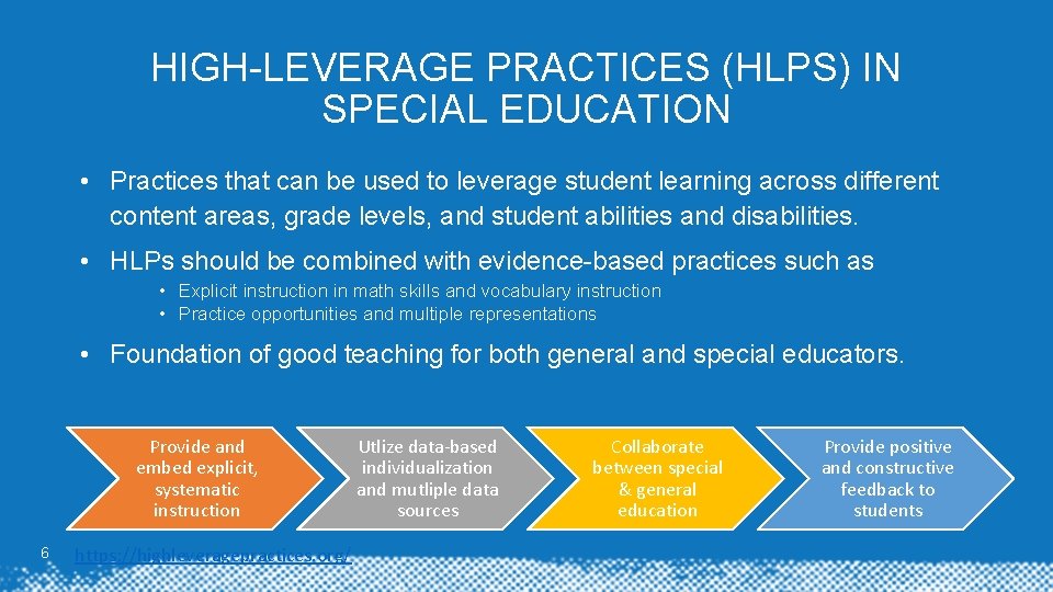 HIGH-LEVERAGE PRACTICES (HLPS) IN SPECIAL EDUCATION • Practices that can be used to leverage