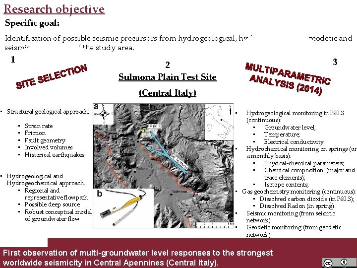 Research objective Specific goal: Identification of possible seismic precursors from hydrogeological, hydrogeochemical, geodetic and