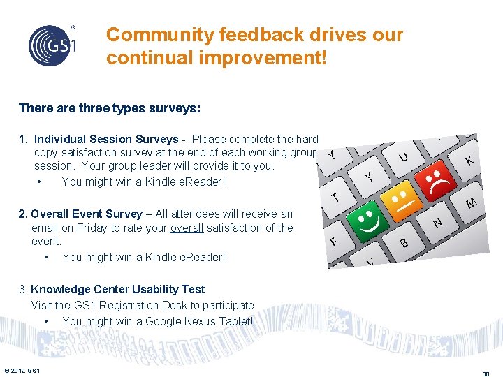 Community feedback drives our continual improvement! There are three types surveys: 1. Individual Session