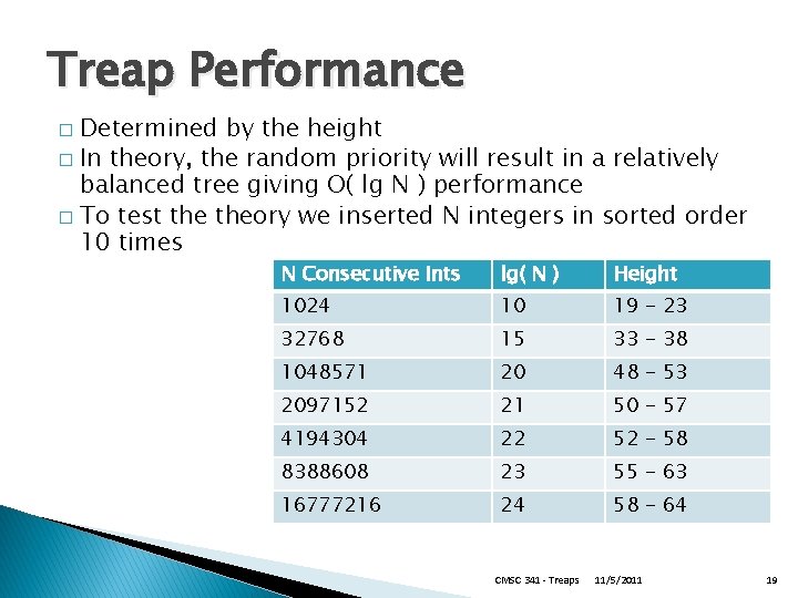 Treap Performance Determined by the height � In theory, the random priority will result