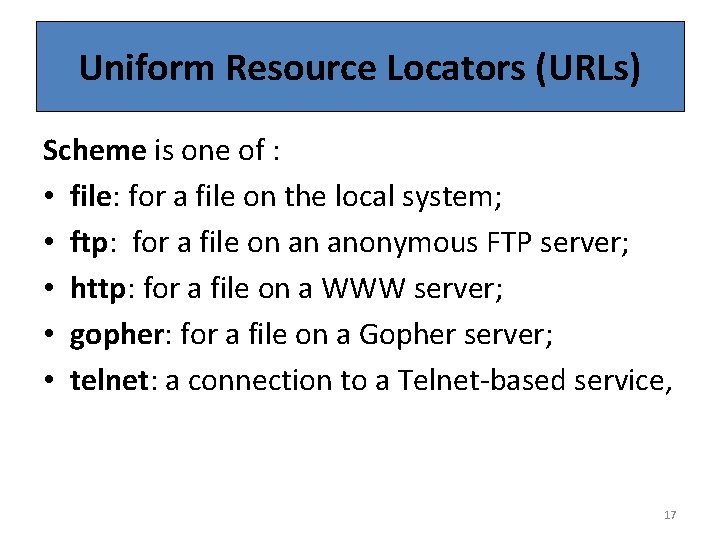 Uniform Resource Locators (URLs) Scheme is one of : • file: for a file