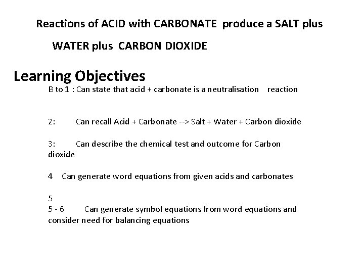 Reactions of ACID with CARBONATE produce a SALT plus WATER plus CARBON DIOXIDE Learning