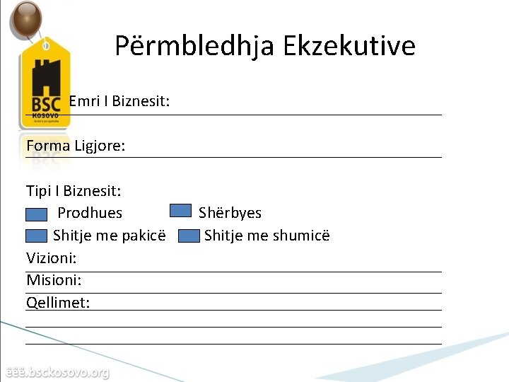 Përmbledhja Ekzekutive Emri I Biznesit: Forma Ligjore: Tipi I Biznesit: Prodhues Shitje me pakicë