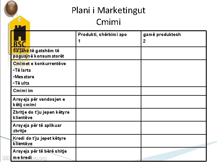 Plani i Marketingut Cmimi Produkti, shërbimi apo 1 Sa janë të gatshëm të paguajnë