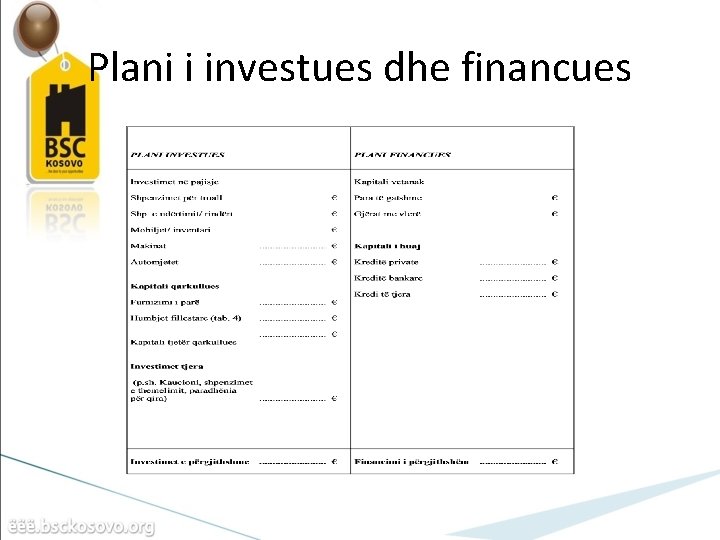 Plani i investues dhe financues 