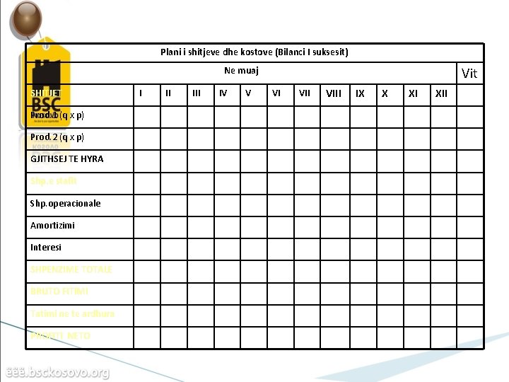 Plani i shitjeve dhe kostove (Bilanci I suksesit) Vit Ne muaj SHITJET Prod. 1