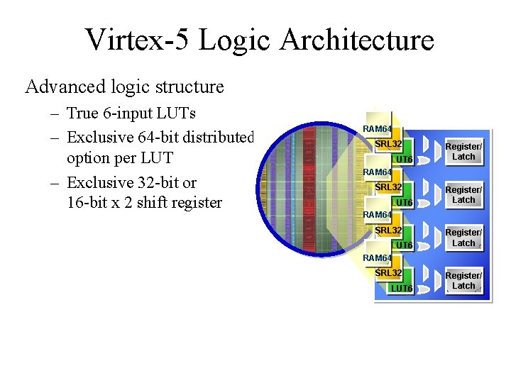 Virtex-5 Logic Architecture Advanced logic structure – True 6 -input LUTs – Exclusive 64
