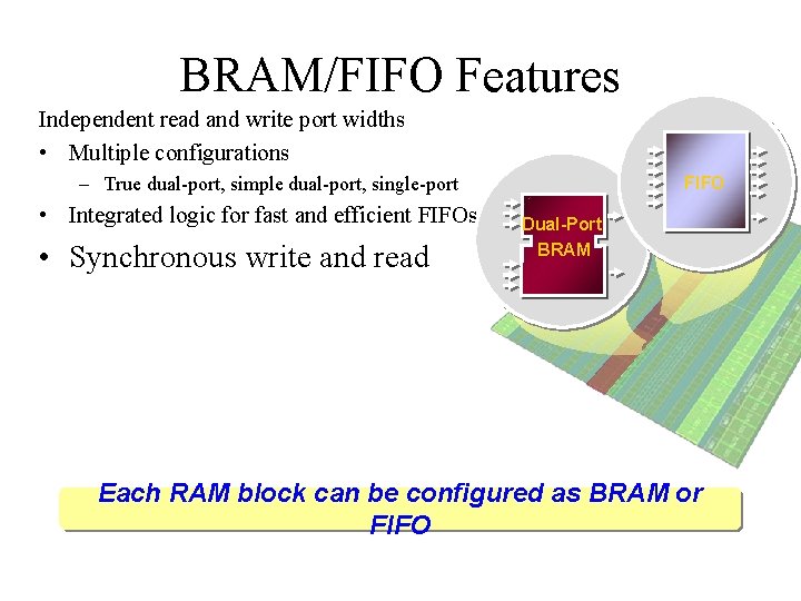 BRAM/FIFO Features Independent read and write port widths • Multiple configurations – True dual-port,