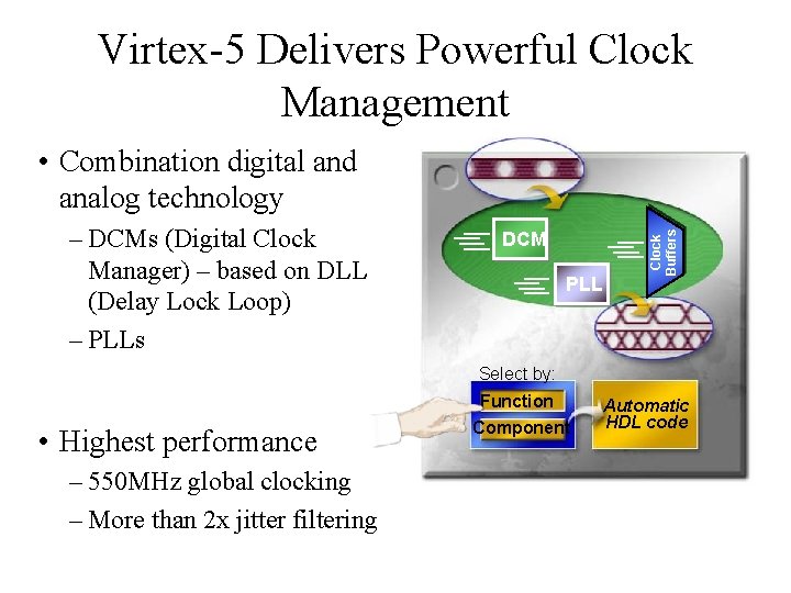 Virtex-5 Delivers Powerful Clock Management – DCMs (Digital Clock Manager) – based on DLL