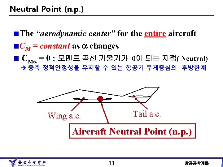 Neutral Point (n. p. ) The “aerodynamic center” for the entire aircraft CM =