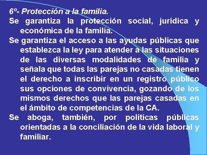 6º- Protección a la familia. Se garantiza la protección social, jurídica y económica de