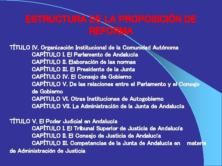 ESTRUCTURA DE LA PROPOSICIÓN DE REFORMA TÍTULO IV. Organización Institucional de la Comunidad Autónoma