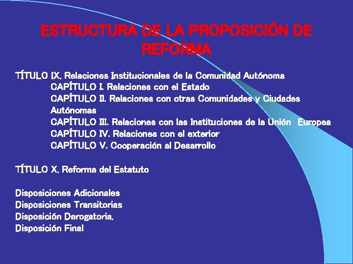 ESTRUCTURA DE LA PROPOSICIÓN DE REFORMA TÍTULO IX. Relaciones Institucionales de la Comunidad Autónoma