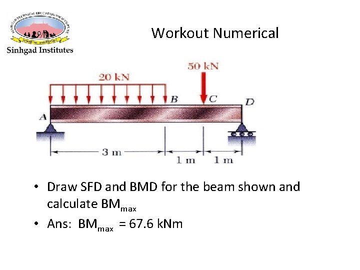 Workout Numerical • Draw SFD and BMD for the beam shown and calculate BMmax