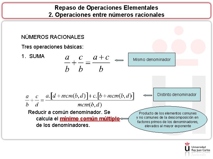 Repaso de Operaciones Elementales 2. Operaciones entre números racionales NÚMEROS RACIONALES Tres operaciones básicas: