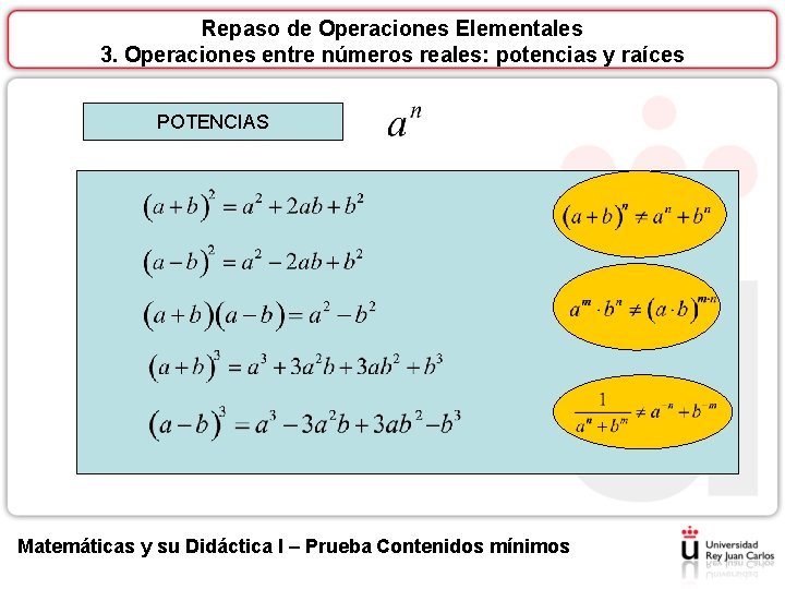 Repaso de Operaciones Elementales 3. Operaciones entre números reales: potencias y raíces POTENCIAS Matemáticas