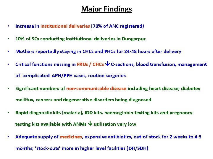 Major Findings • Increase in institutional deliveries (70% of ANC registered) • 10% of