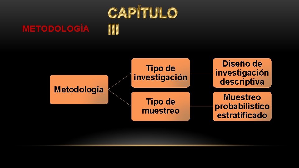 METODOLOGÍA CAPÍTULO III Tipo de investigación Diseño de investigación descriptiva Tipo de muestreo Muestreo