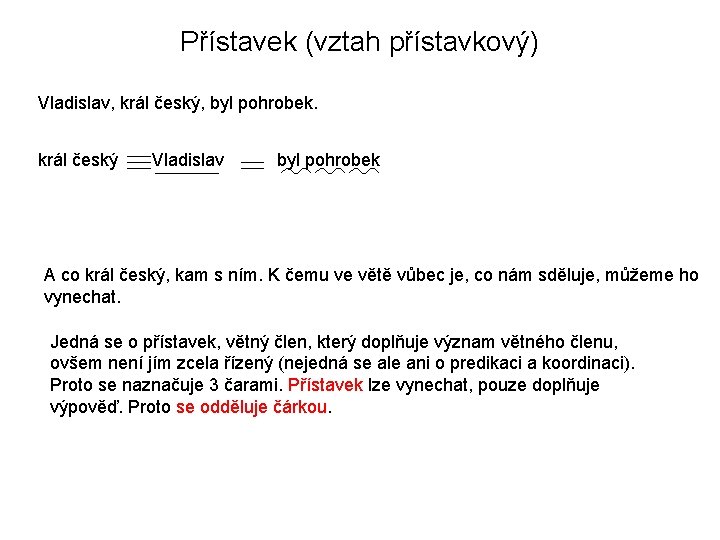 Přístavek (vztah přístavkový) Vladislav, král český, byl pohrobek. král český Vladislav byl pohrobek A