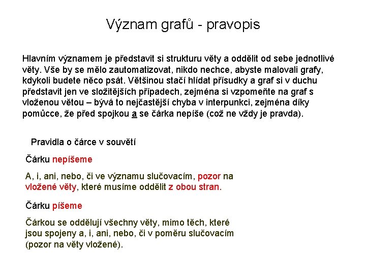 Význam grafů - pravopis Hlavním významem je představit si strukturu věty a oddělit od