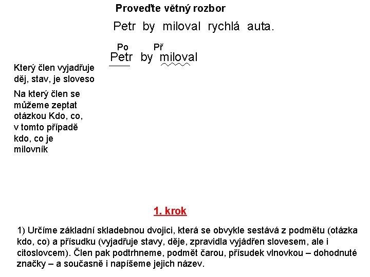 Proveďte větný rozbor Petr by miloval rychlá auta. Po Který člen vyjadřuje děj, stav,