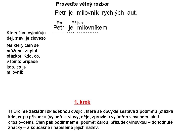 Proveďte větný rozbor Petr je milovník rychlých aut. Po Který člen vyjadřuje děj, stav,