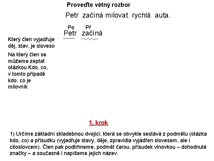 Proveďte větný rozbor Petr začíná milovat rychlá auta. Po Který člen vyjadřuje děj, stav,