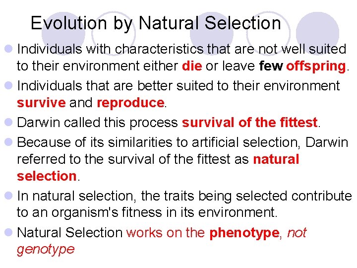 Evolution by Natural Selection l Individuals with characteristics that are not well suited to